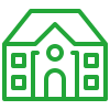 Green line drawing of a two-story building with a central arched door, two windows on each side, and a peaked roof.