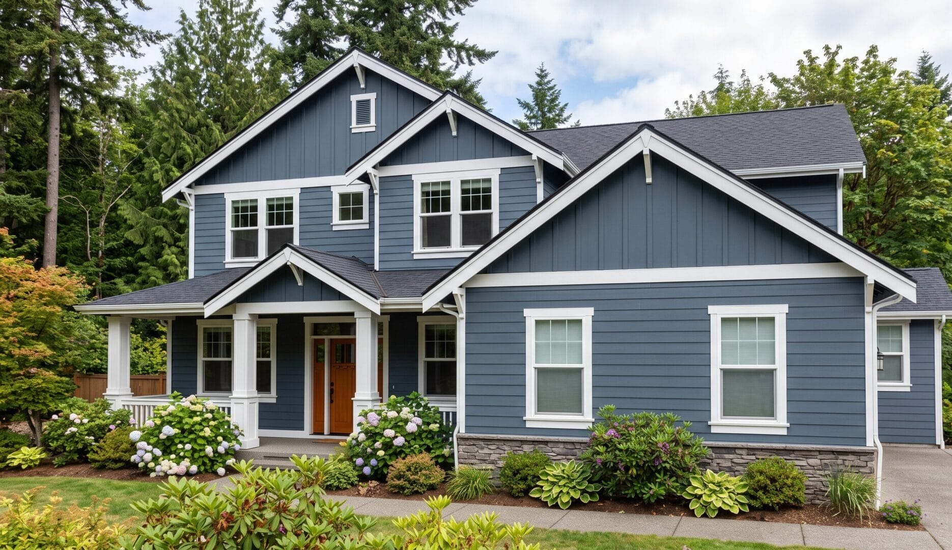Blue two-story house with white trim, front porch, and landscaped yard with shrubs and flowers, surrounded by tall trees under a partly cloudy sky.