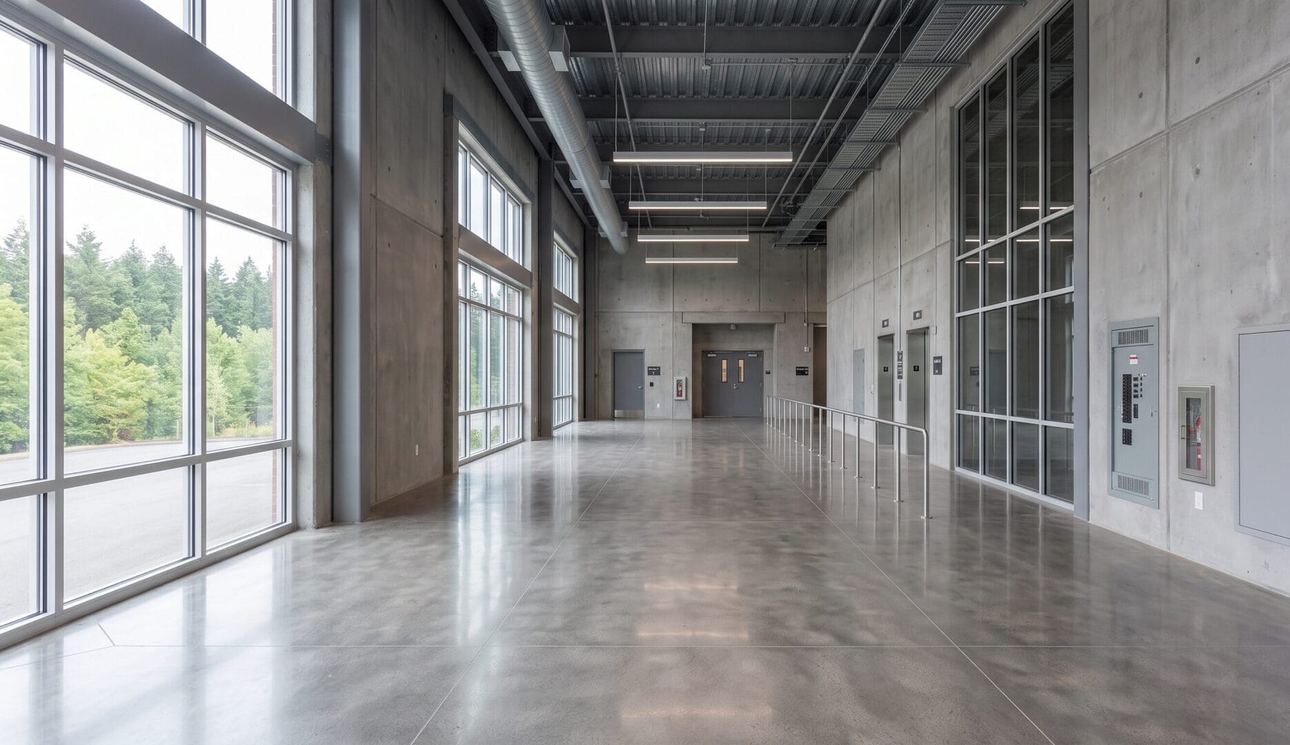 Spacious industrial hallway with polished concrete floors, large windows on the left, gray concrete walls, ceiling pipes, and double doors at the far end.
