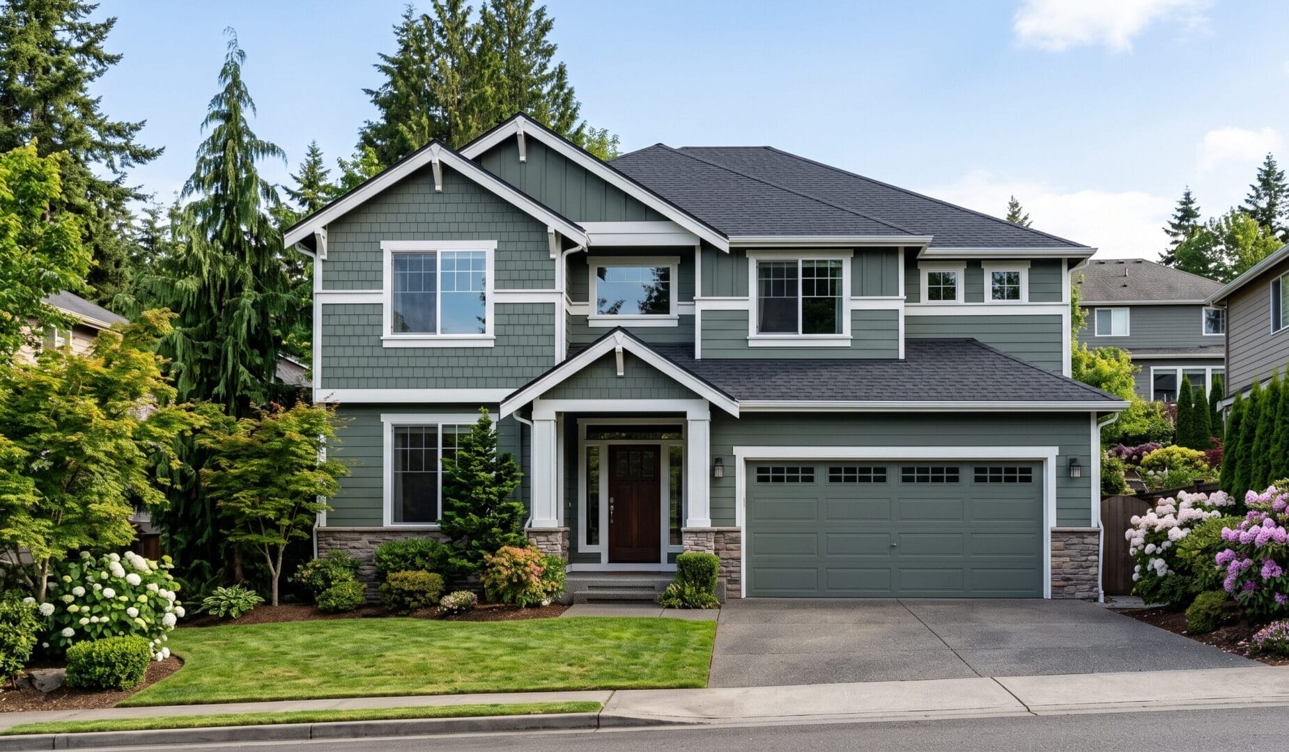 A two-story modern suburban house with gray siding, white trim, and a double garage. The front yard features green grass, bushes, and blooming flowers, with tall trees in the background.