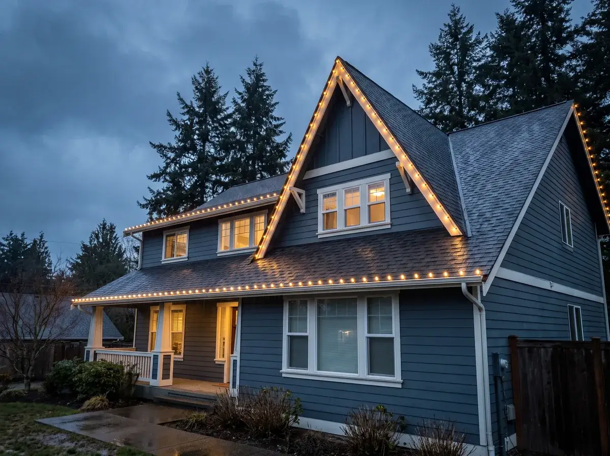 Two-story slate blue home with warm white Christmas lights in straight, even lines along the gutters and a steep front gable at dusk